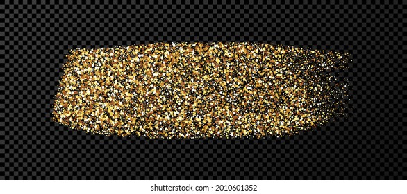 Gold grunge brush stroke. Painted ink stripe. Ink spot isolated on dark transparent background. Vector illustration