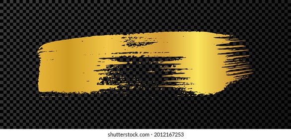 Gold grunge brush stroke. Painted ink stripe. Ink spot isolated on dark transparent background. Vector illustration