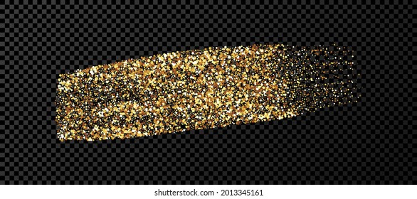 Goldener Grunge-Pinselstrich. Anstrichfarbener Streifen. Tintenfleck einzeln auf dunkeltransparentem Hintergrund. Vektorgrafik