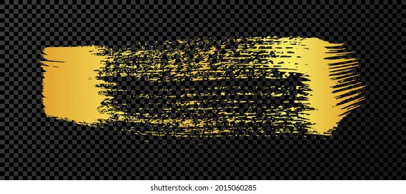 Goldener Grunge-Pinselstrich. Anstrichfarbener Streifen. Tintenfleck einzeln auf dunkeltransparentem Hintergrund. Vektorgrafik