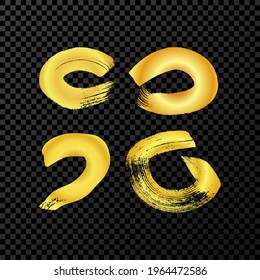 Gold grunge brush strokes in circle form. Set of four painted ink circles. Ink spot isolated on transparent background. Vector illustration