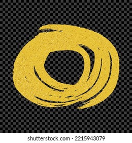 Gold grunge brush strokes in circle form. Painted ink circle. Ink spot isolated on dark transparent background. Vector illustration