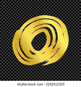 Gold grunge brush strokes in circle form. Painted ink circle. Ink spot isolated on dark transparent background. Vector illustration