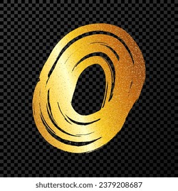 Gold grunge brush strokes in circle form. Painted ink circle. Ink spot isolated on dark transparent background. Vector illustration