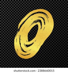 Gold grunge brush strokes in circle form. Painted ink circle. Ink spot isolated on dark transparent background. Vector illustration