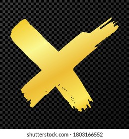 Gold grunge brush strokes. Gold cross painted with a brush. Ink spot isolated on dark transparent background. Vector illustration
