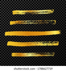 Gold grunge brush strokes. Set of five painted ink stripes. Ink spot isolated on dark transparent background. Vector illustration