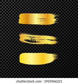 Gold grunge brush strokes. Set of three painted ink stripes. Ink spot isolated on dark transparent background. Vector illustration