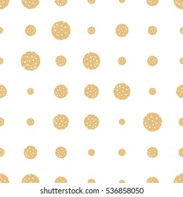 Gold grunge halftone dot seamless pattern. Dotted background. Infinity geometric pattern with round shapes on white. Halftone texture with checkered circles. Dotted texture. Vector illustration.