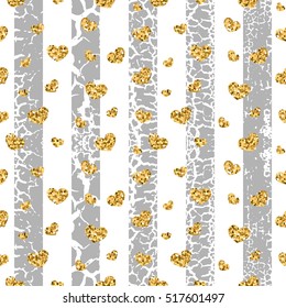 Gold grunge hearts craquelure stripes seamless pattern. Golden glitter confetti. White and gray background. Love Valentine day, wedding design card, wallpaper, wrapping, textile Vector Illustration