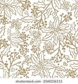 Gold grunge holly and berries on white, Christmas seamless vector pattern