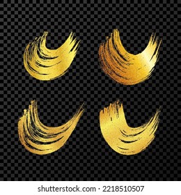Gold grunge semicircular brush strokes. Set of painted wavy ink stripes. Ink spot isolated on dark transparent background. Vector illustration