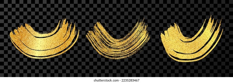 Gold grunge semicircular brush strokes. Set of painted wavy ink stripes. Ink spot isolated on dark transparent background. Vector illustration