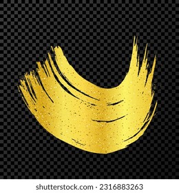 Gold grunge semicircular brush strokes. Painted wavy ink stripes. Ink spot isolated on dark transparent background. Vector illustration