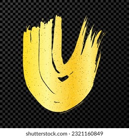 Gold grunge semicircular brush strokes. Painted wavy ink stripes. Ink spot isolated on dark transparent background. Vector illustration