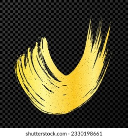 Gold grunge semicircular brush strokes. Painted wavy ink stripes. Ink spot isolated on dark transparent background. Vector illustration