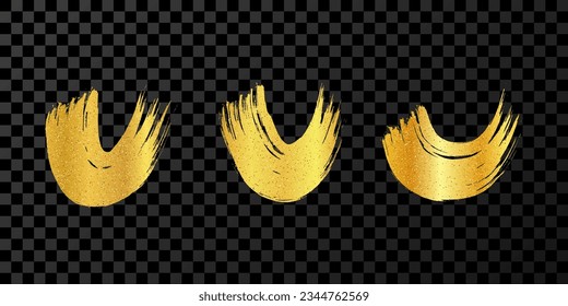 Gold grunge semicircular brush strokes. Set of painted wavy ink stripes. Ink spot isolated on dark transparent background. Vector illustration
