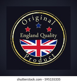 Gold grunge stamp with the text England quality and original product. Label contains England's flag.