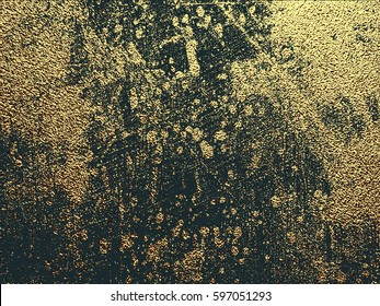 Gold grunge texture with distressed effect. Patina scratch golden elements. Vintage background. Bright sketch surface. Vector illustration.