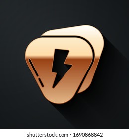 Gold Guitar pick icon isolated on black background. Musical instrument. Long shadow style. Vector Illustration