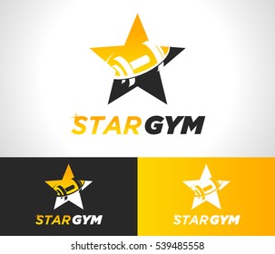 Gold gym fitness barbell logo icon with star graphic element 