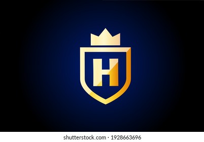 gold H alphabet letter logo icon. Design for company and business identity with shield and king crown