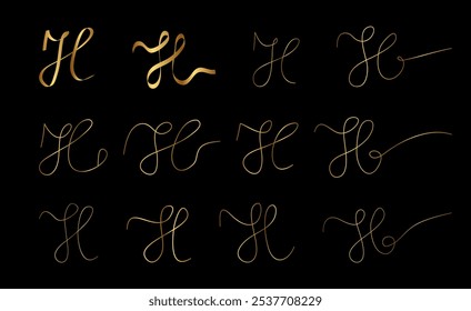 Gold H Letter Initial Cursive Hand Written Calligraphic Alphabet Set for Logo Brand