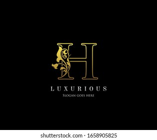 Gold H letter luxury beauty flourishes ornament monogram logo perfect for boutique, wedding invitation, restaurant,hotel.