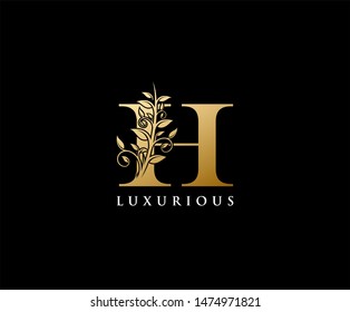 Gold H Letter Luxury Logo. Vintage Letter H With Floral Shape design perfect for fashion, Jewelry, Beauty Salon, Hotel Logo. Cosmetics, Spa Logo. Resort and Restaurant Logo. 