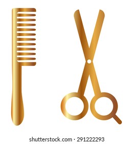 Gold Hair Salon With Scissors And Comb Icon - Vector Illustration 