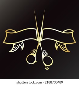 Gold Hair Stylist Scissors With Decor. Decorative Ribbon Silhouette. Design For Hair Stylist And Beauty Salon