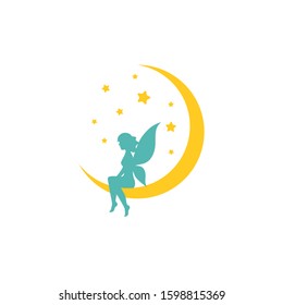 Gold half moon and stars and blue fairy. Magic, fantasy. Isolated on white. Flat design. Vector illustration. Children reading. Fairytale logo. 