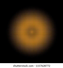 Gold halftone circles, halftone dots pattern, vector. Golden dots on black background. Monochrome half-tone. Circle halftone Dots, Gold Dotwork Engraving Pattern, Fine Radial Gradient For Your Design.