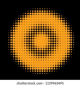 Gold halftone circles, halftone dots pattern, vector. Golden dots on black background. Monochrome half-tone. Circle halftone Dots, Gold Dotwork Engraving Pattern, Fine Radial Gradient For Your Design.