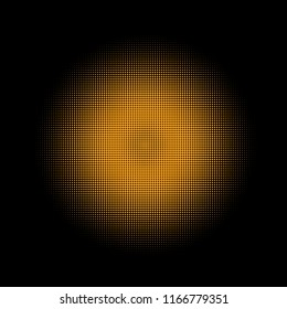 Gold halftone circles, halftone dots pattern, vector. Golden dots on black background. Monochrome half-tone. Circle halftone Dots, Gold Dotwork Engraving Pattern, Fine Radial Gradient For Your Design.
