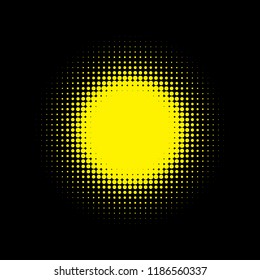 Gold halftone circles, halftone dots pattern, vector. Golden dots on black background. Monochrome half-tone. Circle halftone Dots, Gold Dotwork Engraving Pattern, Fine Radial Gradient For Your Design.