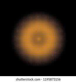 Gold halftone circles, halftone dots pattern, vector. Golden dots on black background. Monochrome half-tone. Circle halftone Dots, Gold Dotwork Engraving Pattern, Fine Radial Gradient For Your Design.