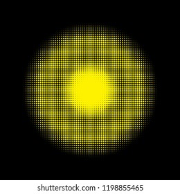Gold halftone circles, halftone dots pattern, vector. Golden dots on black background. Monochrome half-tone. Circle halftone Dots, Gold Dotwork Engraving Pattern, Fine Radial Gradient For Your Design.