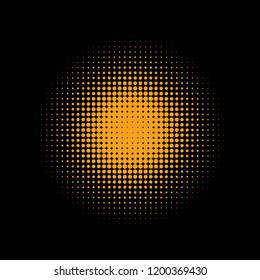 Gold halftone circles, halftone dots pattern, vector. Golden dots on black background. Monochrome half-tone. Circle halftone Dots, Gold Dotwork Engraving Pattern, Fine Radial Gradient For Your Design.