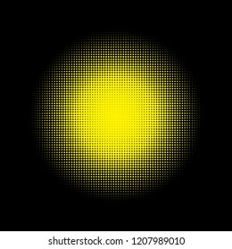 Gold halftone circles, halftone dots pattern, vector. Golden dots on black background. Monochrome half-tone. Circle halftone Dots, Gold Dotwork Engraving Pattern, Fine Radial Gradient For Your Design.