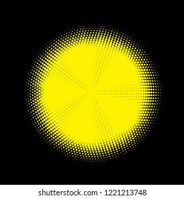 Gold halftone circles, halftone dots pattern, vector. Golden dots on black background. Monochrome half-tone. Circle halftone Dots, Gold Dotwork Engraving Pattern, Fine Radial Gradient For Your Design.