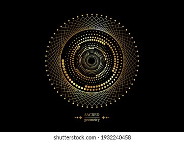 El semitono de oro se ajusta en forma de círculo. logotipo redondo. cuadro de puntos vectoriales. Espiral, diseño de torrente, círculos concéntricos elemento geométrico, representación abstracta del concepto de ojo tecnológico, aislado en negro 