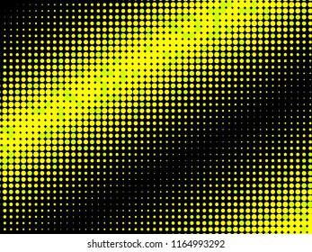 Gold halftone dots. Golden geometric gradient for pop art designs. Geometric vintage monochrome fade wallpaper. Pop art print. Dotted geometric retro pattern. Comic halftone background.