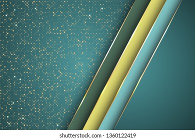 Gold halftone dots and inclined ribbon stripes banner vector design. VIP business background template. Gradient facets shapes, stripes gold edges lines vector. Blank banner layout design.