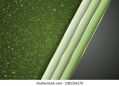 Gold halftone dots and inclined ribbon stripes banner vector design. Glossy banner background template. Abstract wallpaper modern design. Gold metallic edge lines, gradient overlapping shapes.