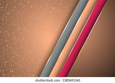 Gold halftone dots and inclined ribbon stripes banner vector design. VIP poster background template. Futuristic cover graphic design. Poly gradient shapes with metallic glossy edge lines.