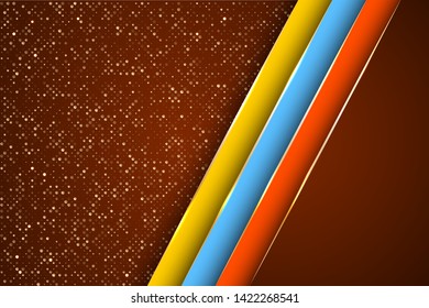 Gold halftone dots and inclined ribbon stripes banner vector design. Stylish business background template. Cool geometric graphic concept. Multi layers paper cut material design.