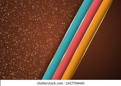 Gold halftone dots and inclined ribbon stripes banner vector design. Royal business background template. Blank banner layout design. Multi layers paper cut material design.