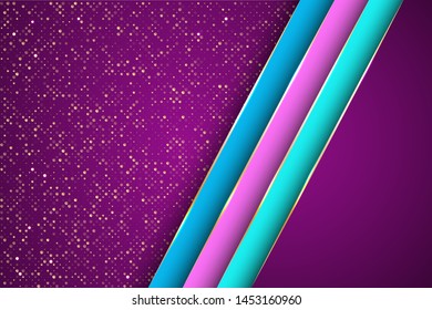 Gold halftone dots and inclined ribbon stripes banner vector design. Glossy business background template. Poly gradient shapes with metallic glossy edge lines. Cool geometric graphic concept.