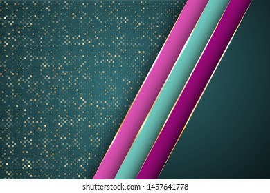 Gold halftone dots and inclined ribbon stripes banner vector design. Glamour poster background template. Trendy tech vector graphics. Ribbon stripes overlap on halftone dots background.